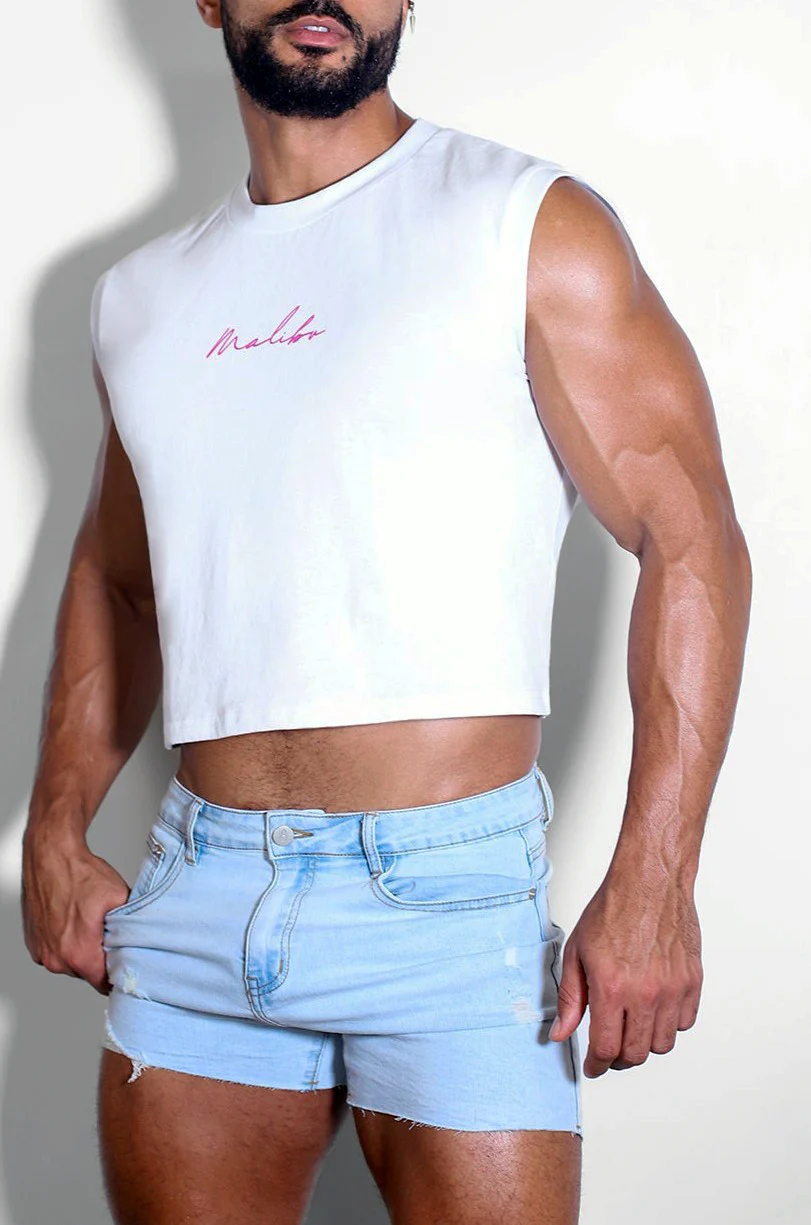Escapism Muscle-Fit Crop Tank - White & Purple Logo - Image 8