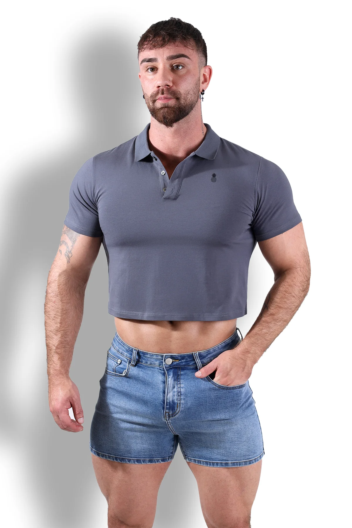 Fitted Polo Crop Top - Dark Grey - Image 7
