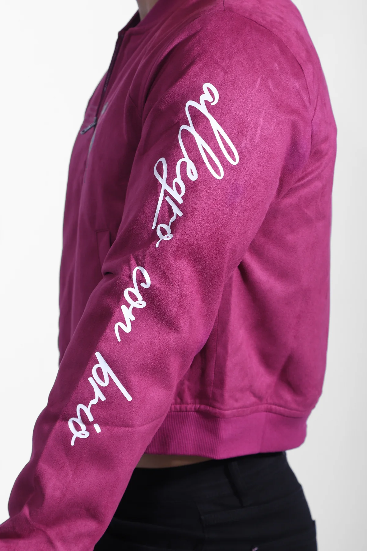Cropped Suede Bomber Jacket - Magenta - Image 3