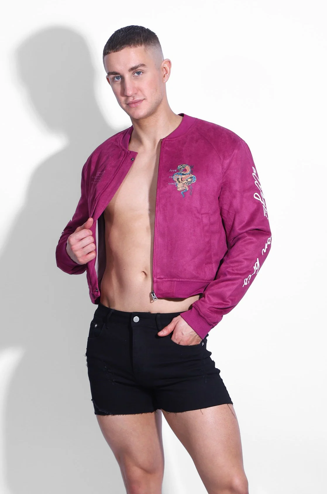 Cropped Suede Bomber Jacket - Magenta - Image 4
