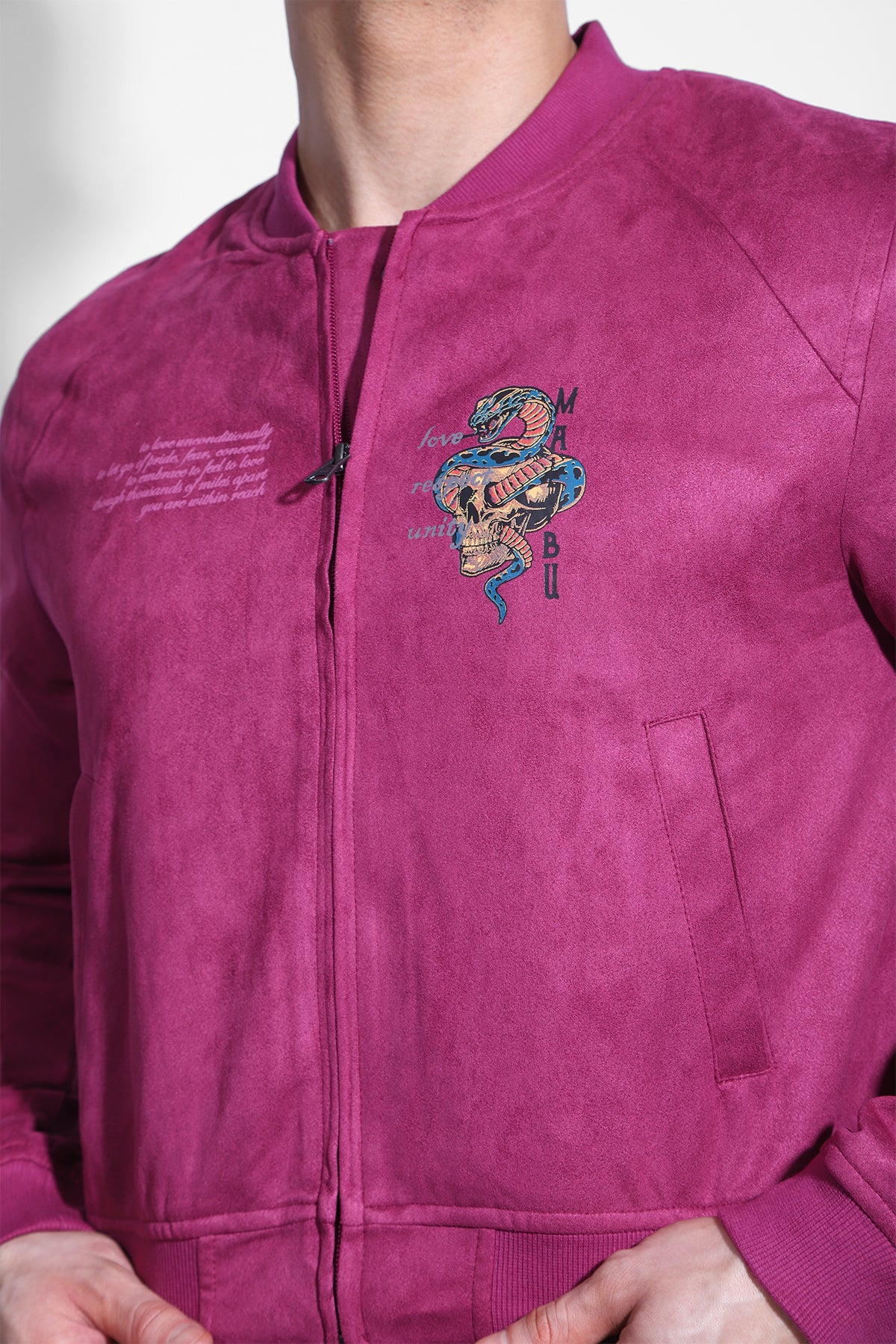 Cropped Suede Bomber Jacket - Magenta - Image 5