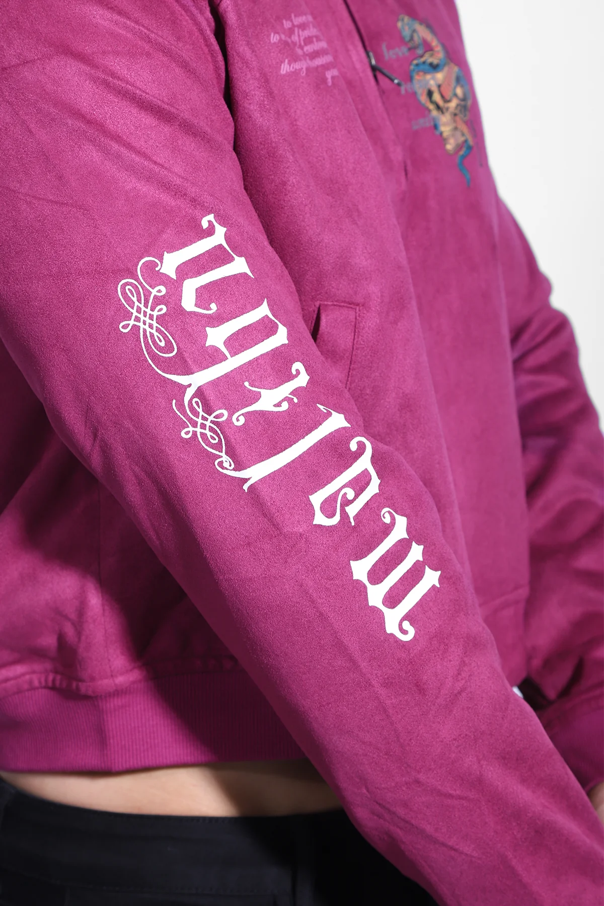 Cropped Suede Bomber Jacket - Magenta - Image 6