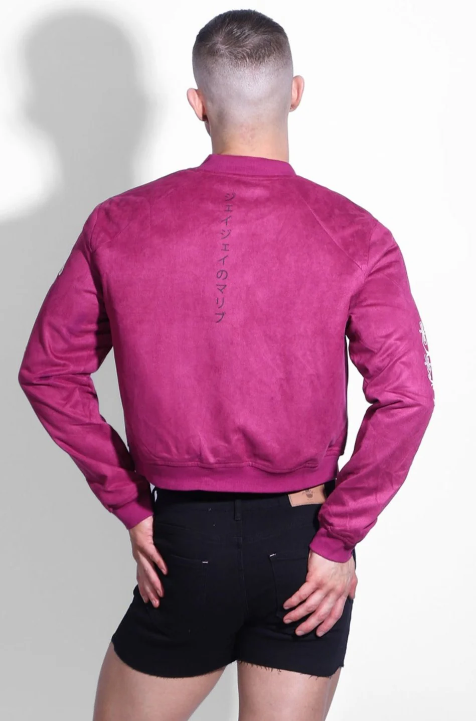Cropped Suede Bomber Jacket - Magenta - Image 7