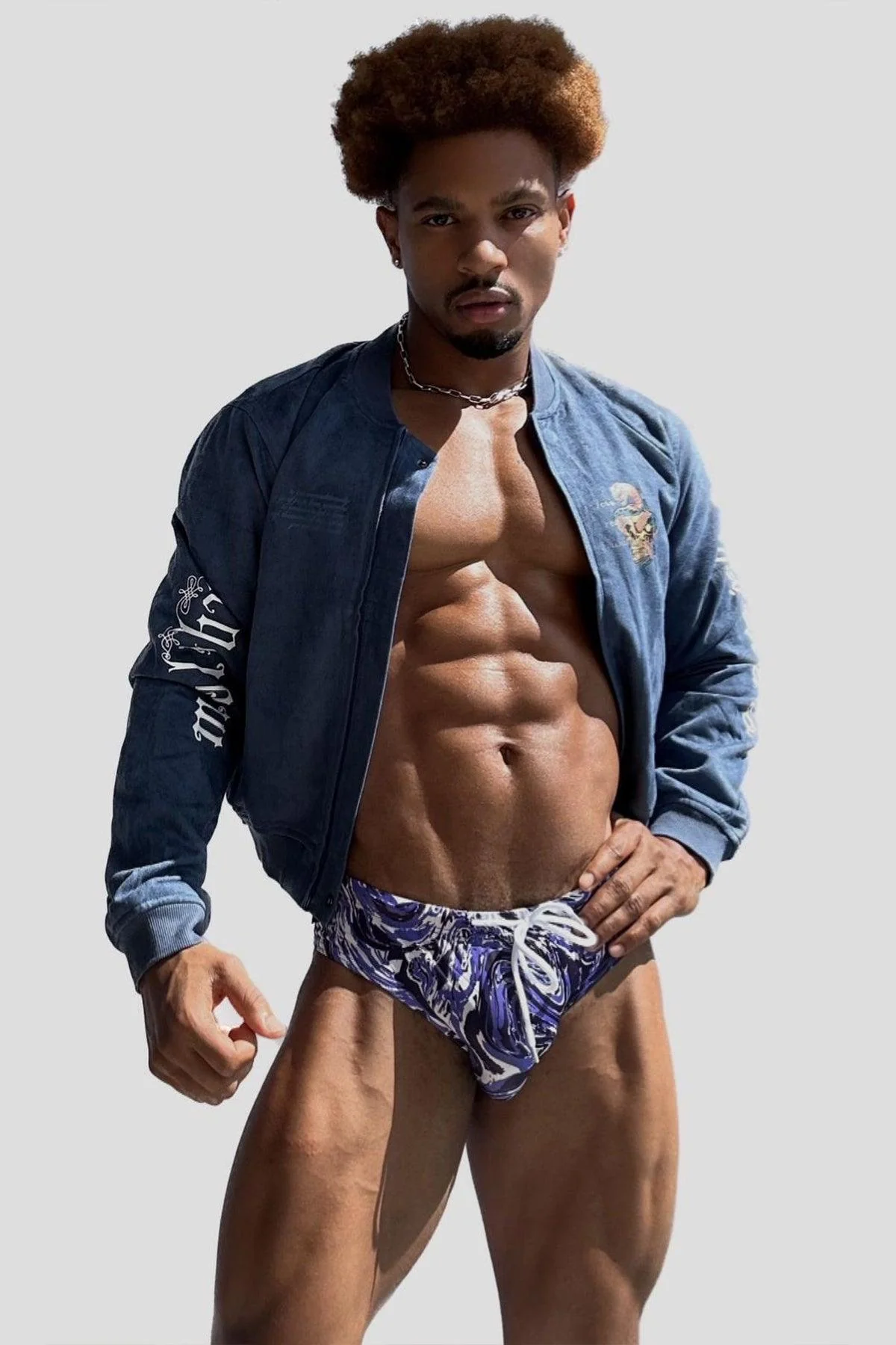Cropped Suede Bomber Jacket - Navy - Image 10