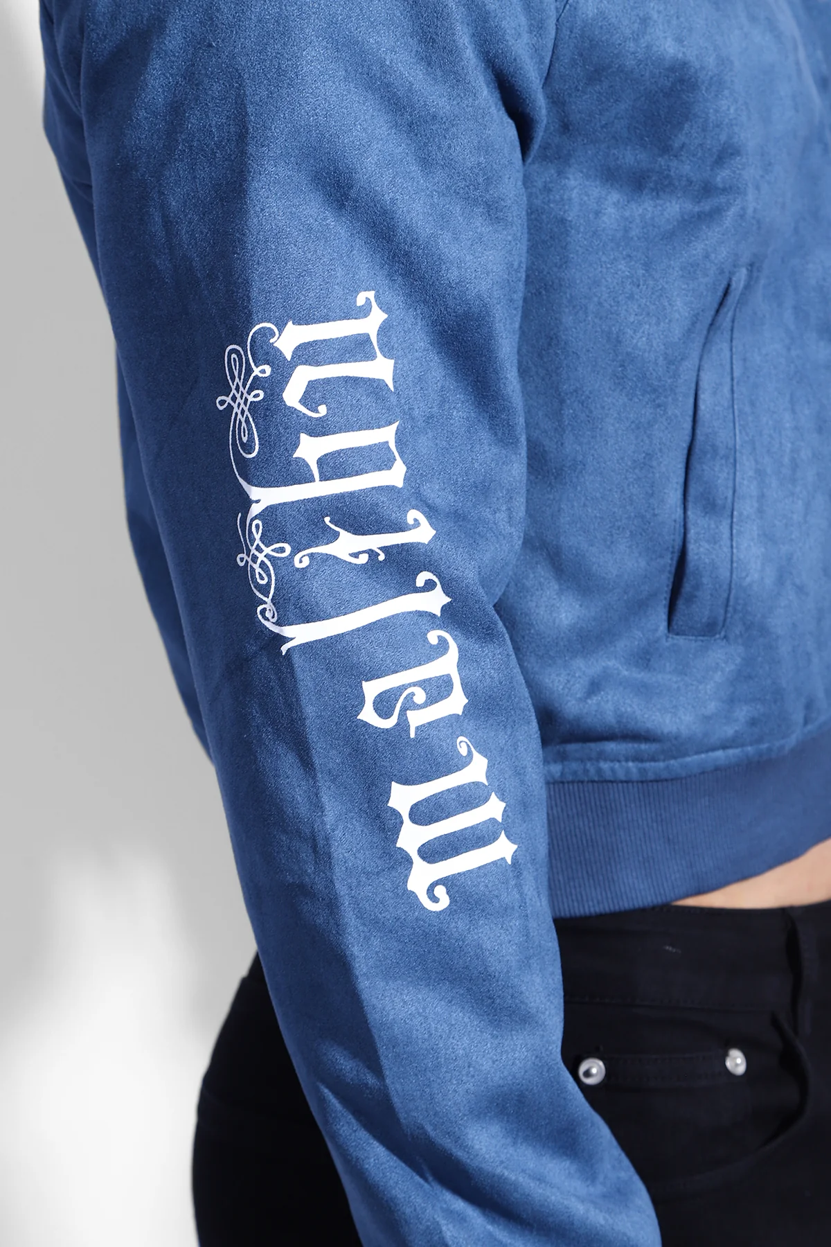 Cropped Suede Bomber Jacket - Navy - Image 11