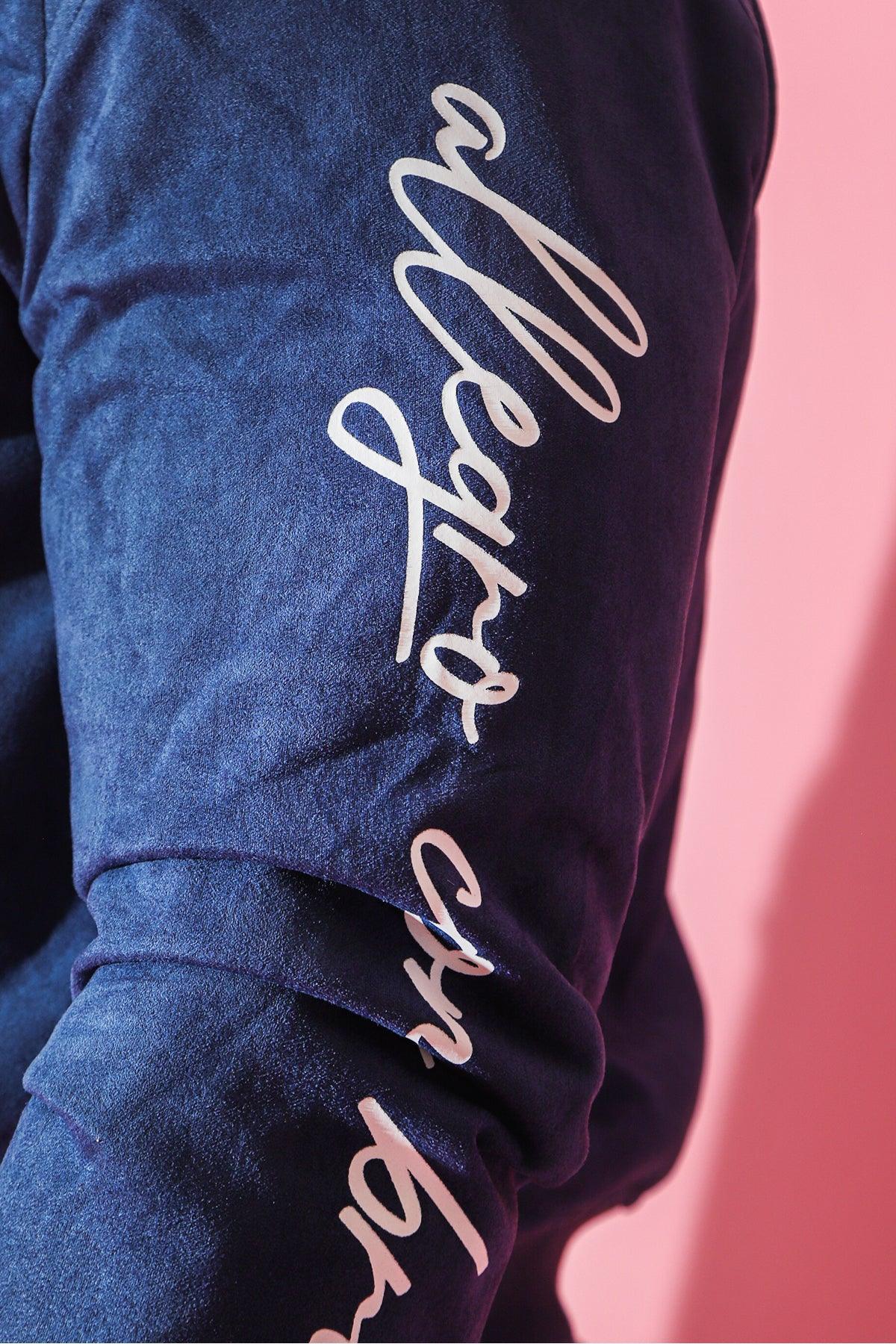 Cropped Suede Bomber Jacket - Navy - Image 13