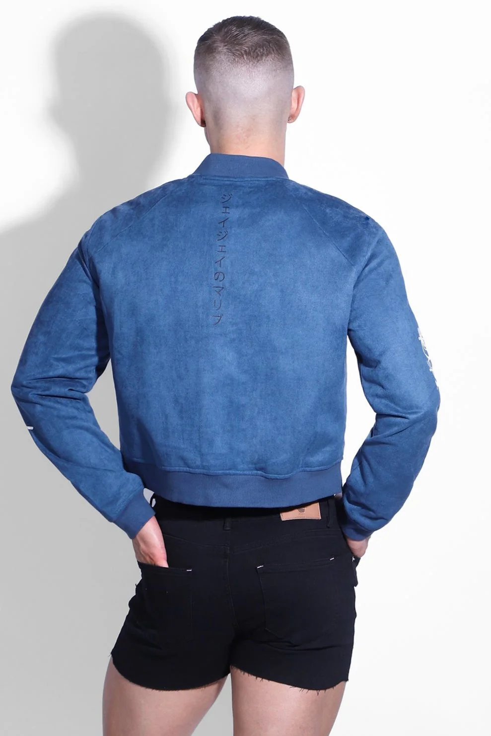 Cropped Suede Bomber Jacket - Navy - Image 3