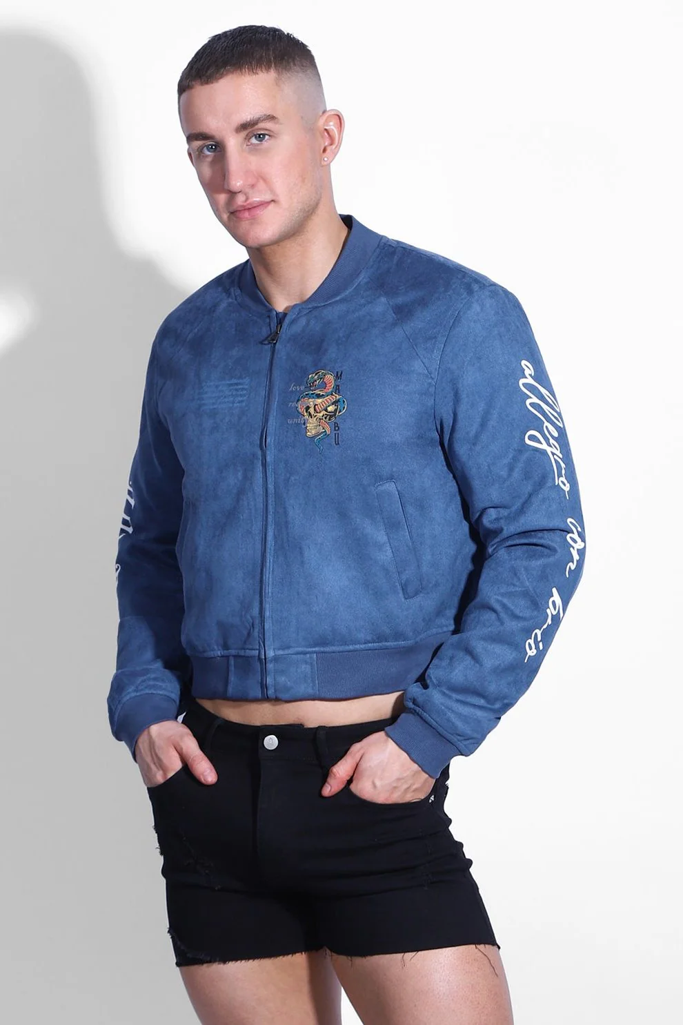 Cropped Suede Bomber Jacket - Navy - Image 4