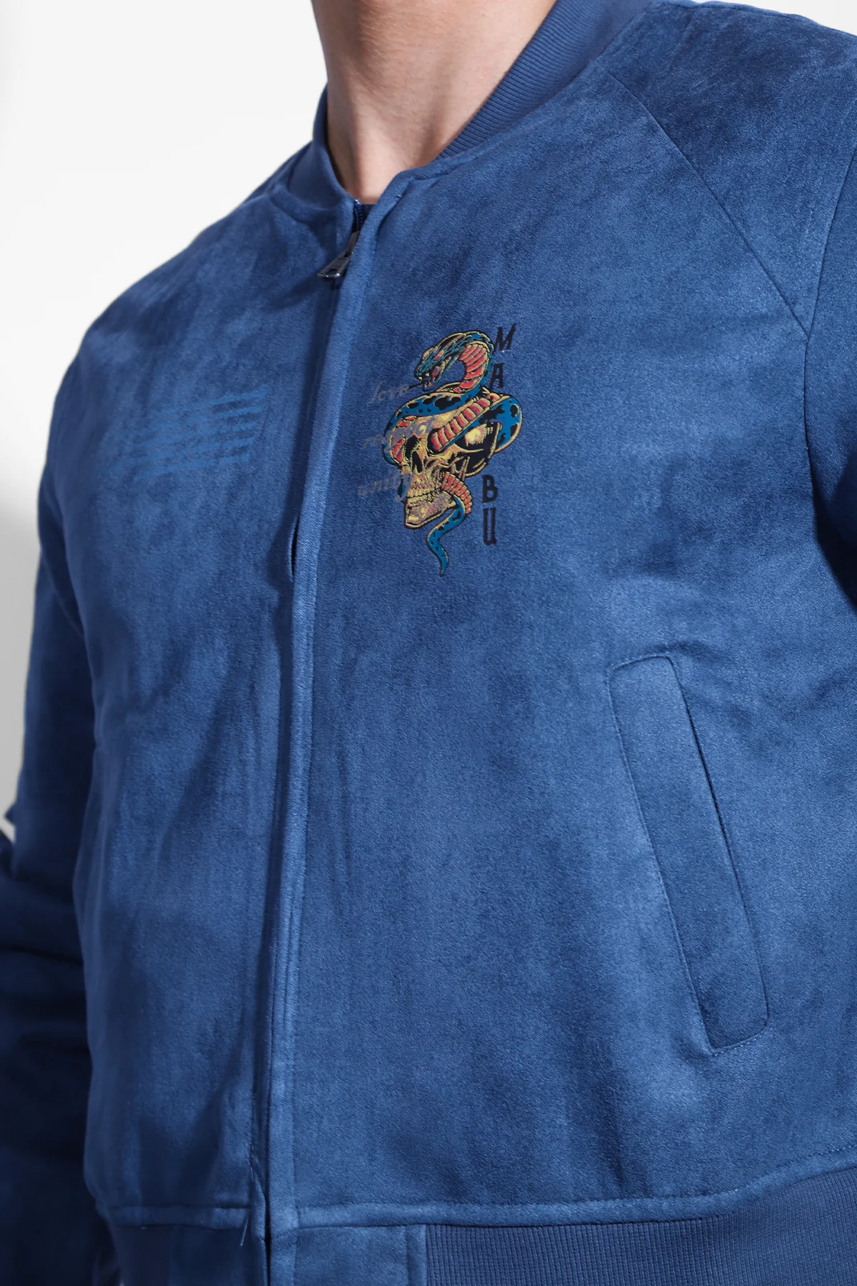Cropped Suede Bomber Jacket - Navy - Image 5