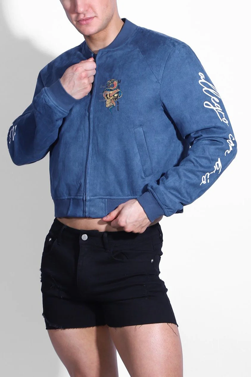 Cropped Suede Bomber Jacket - Navy - Image 8